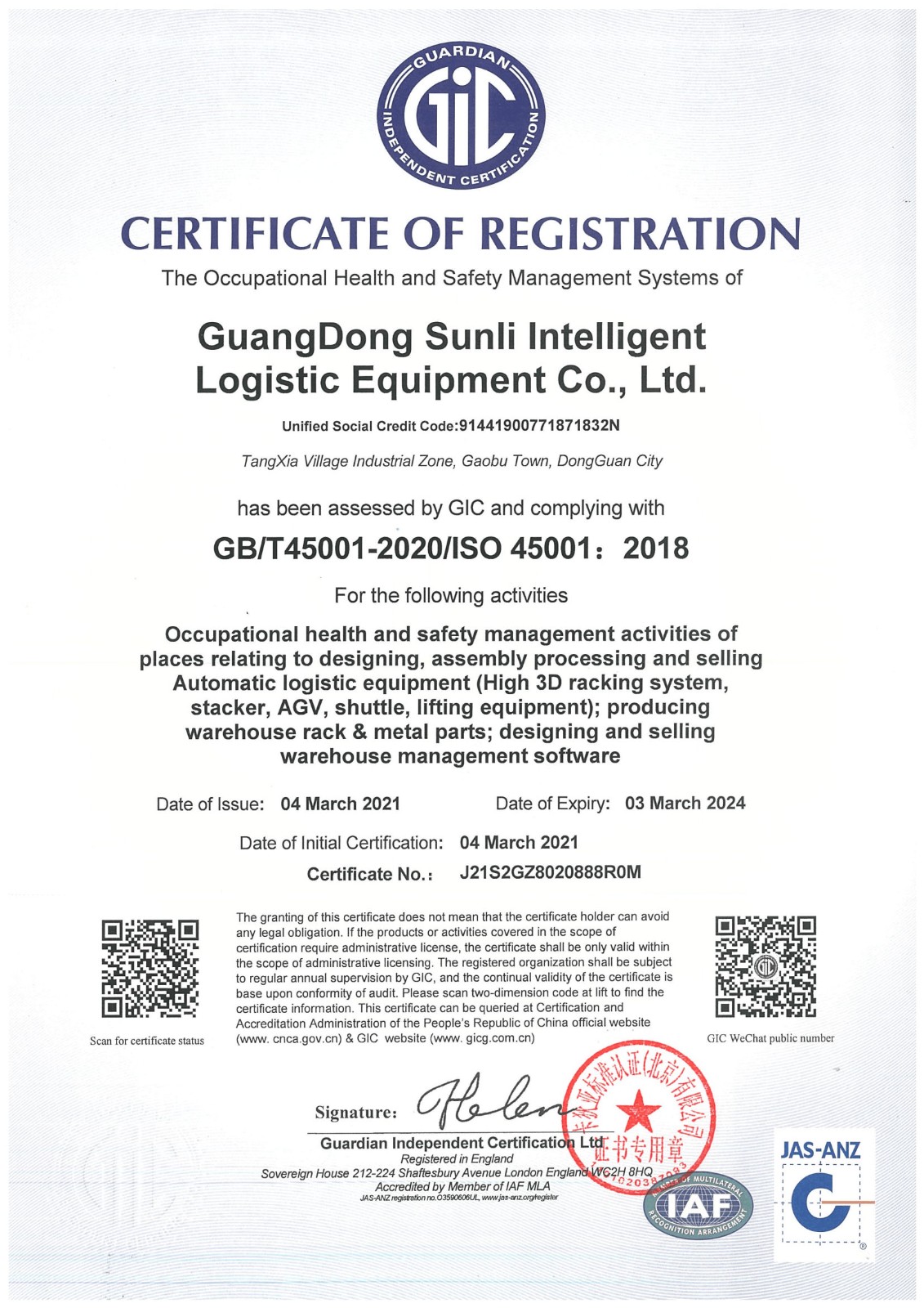 ISO45001:2018 Occupational Health and Safety Management System Certificate